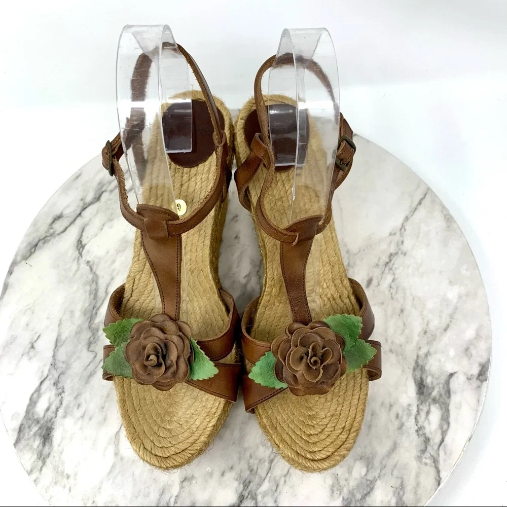 Andrea Assous Brown Leather Flower T-Strap Espadrille Wedges 9 Cottagecore
